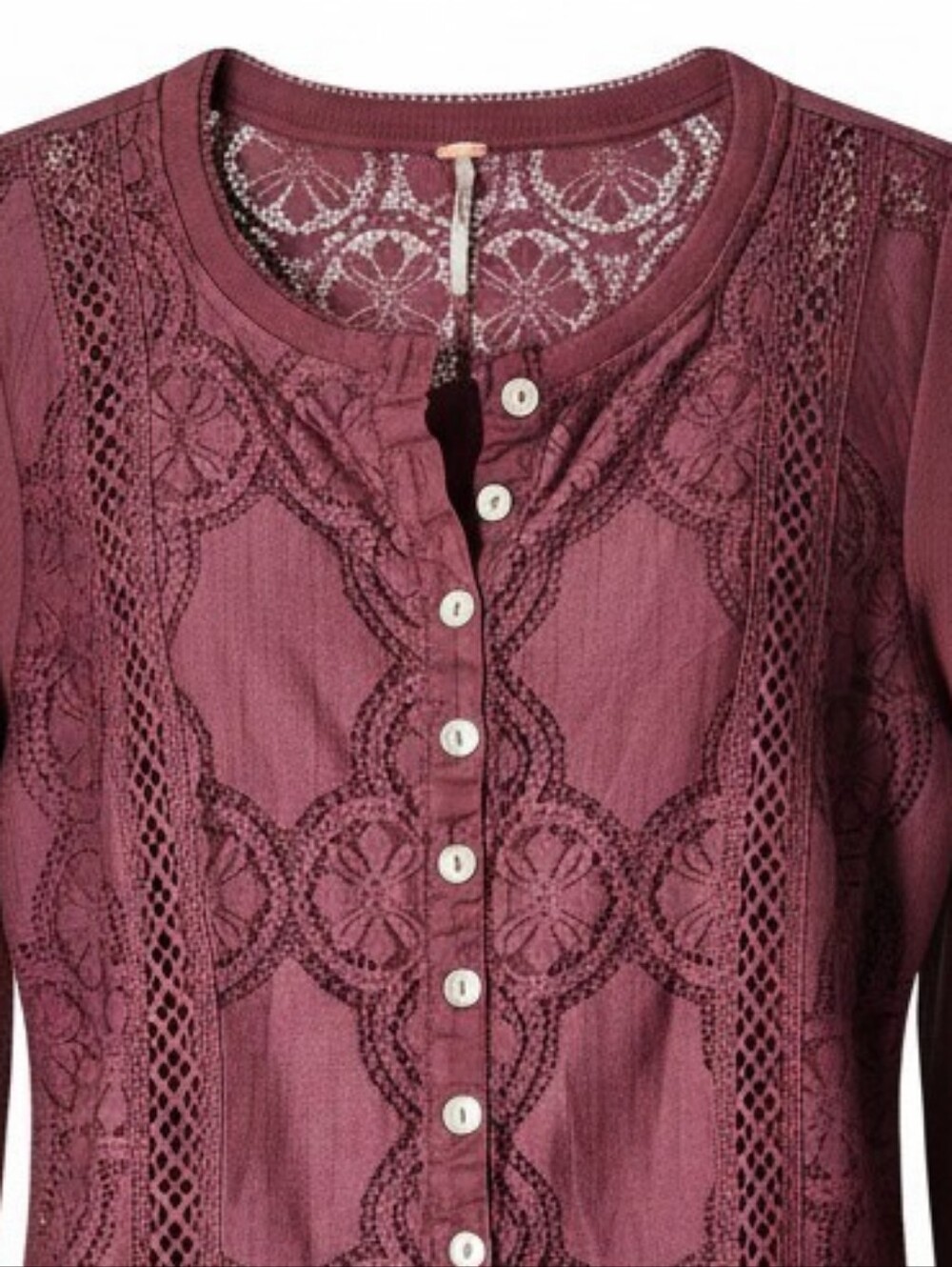 Free People Burgundy Lace-Panel Button Front Blouse
